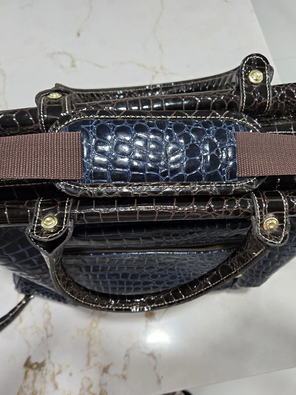 Croc-Embossed Navy and Black Leather Top-Handle Briefcase